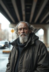 Fototapeta premium Portrait of an Elderly Homeless Man Under Urban Bridge Depicting Poverty and Social Struggle