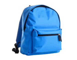A neatly presented blue backpack showcases its durable fabric and functional design.