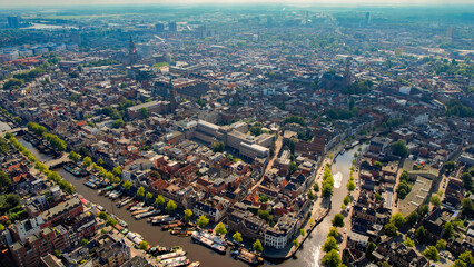 Aerial panorama view of the city Groningen in the Netherlands on a sunny morning in summer