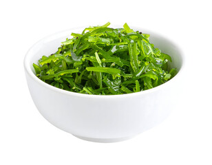 A vibrant green seaweed salad glistens in a clean white bowl, ready to be enjoyed as a healthy meal.