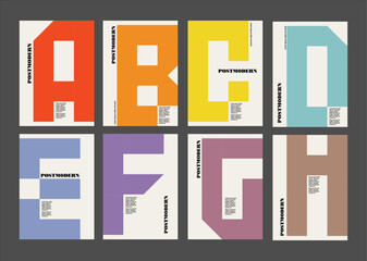Postmodern set of posters. covers created from creative capital letters in trendy colors. Use for decoration, branding, promotion. logos .Template poster, banner, magazine mockup
