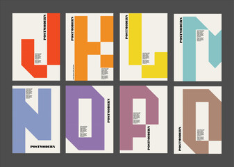 Postmodern set of posters. covers created from creative capital letters in trendy colors. Use for decoration, branding, promotion. logos .Template poster, banner, magazine mockup