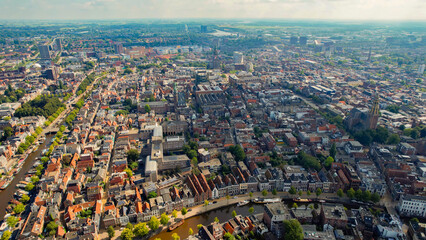 An panoramic Aerial view of the old town of the city Groningen in the Netherlands on a sunny day in...