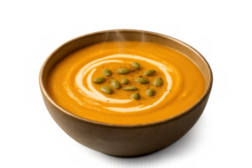 Pumpkin soup with cream, pumpkin seeds and spices served in a bowl, steaming hot and ready to eat, on transparent background