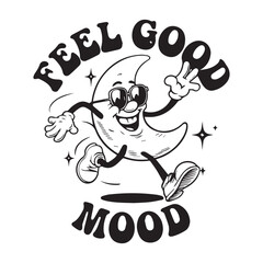 Groovy Crescent Moon Dashes in Feel Good Mood with Vintage Vibe and Funky Cosmic Line Art Style. 