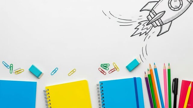 back-to-school animation with a hand-drawn rocket flying over notebooks, pencils and other school items