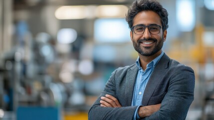 Obraz premium Professional business portrait of smiling man in modern office environment confident professionalism close-up view