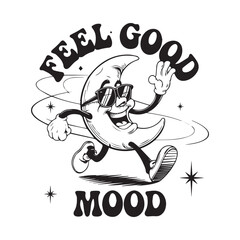 Groovy Crescent Moon Dashes in Feel Good Mood with Vintage Vibe and Funky Cosmic Line Art Style. 