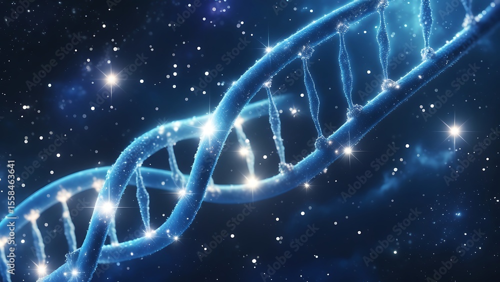 Poster luminous blue d n a double helix in space with sparkling stars