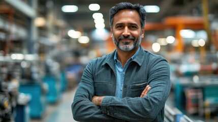 Obraz premium Industrial worker smiling in factory manufacturing plant portrait indoor close-up professionalism and teamwork