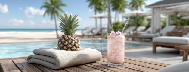 Enjoying a vibrant cocktail and refreshing pineapple by the pool under the sun with a stunning ocean view during summer vacation