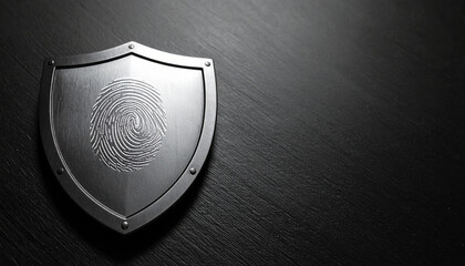 Abstract metallic shield with fingerprint scan overlay on black surface. Identity protection concept