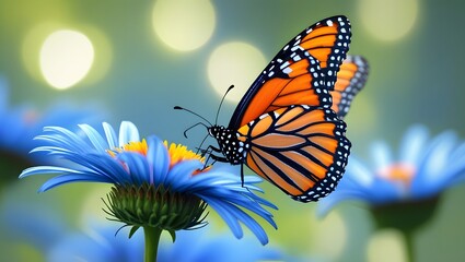 Fototapeta premium Monarch Butterfly on Blue Flower with Soft Bokeh Background
