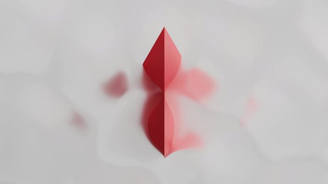 A red pyramid emerges from a misty, muted backdrop