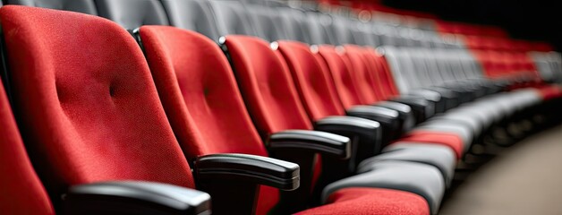 Close-up view of red and gray velvet theater seats in an empty auditorium showcasing modern design and vibrant colors