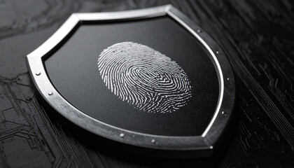 Abstract metallic shield with fingerprint scan overlay on black surface. Identity protection concept