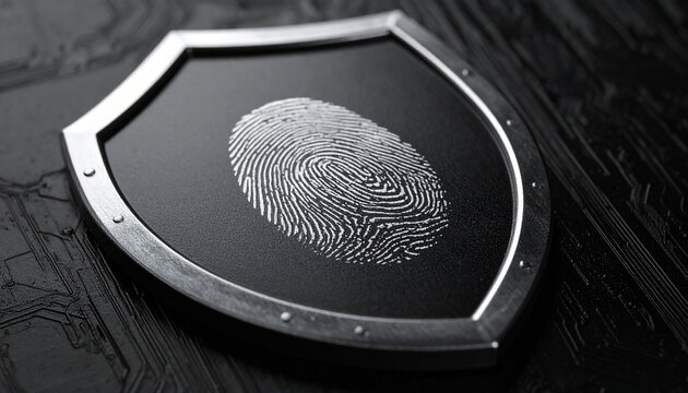 Abstract metallic shield with fingerprint scan overlay on black surface. Identity protection concept