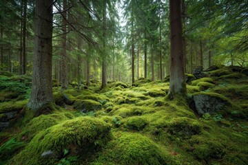 Obraz premium Serene woodland with lush green moss covering the forest floor surrounded by majestic fir and pine trees in a peaceful swedish environment