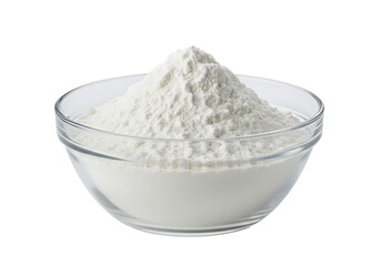 Heap of fresh white flour in a clear glass bowl Isolated on transparent background