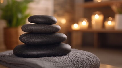 Relaxing stone stacking meditation spa room still life calm environment close-up mindfulness concept