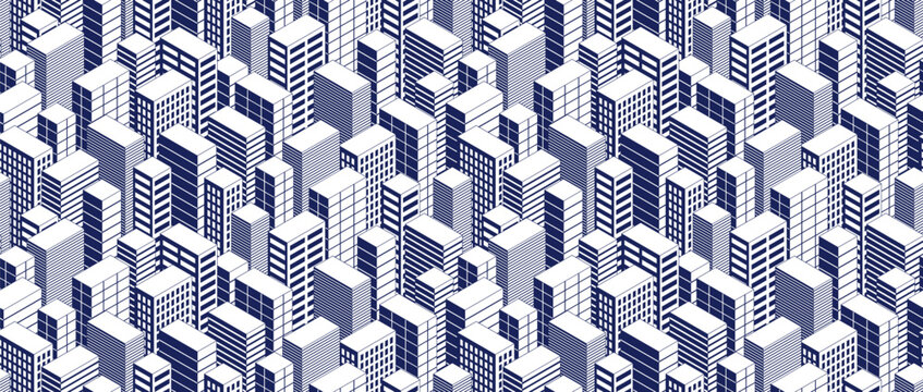 Seamless cityscape pattern, vector abstract 3D urban architecture endless background, isometric buildings city continuous black and white wallpaper.