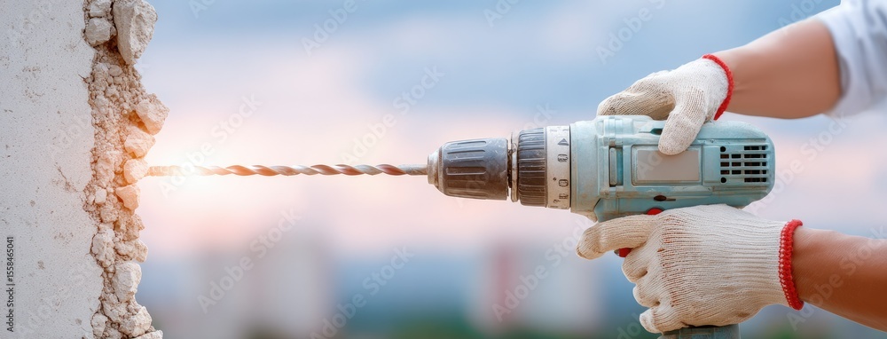 Poster close up of a worker using a drill on concrete wall at construction site emphasizing power tools and