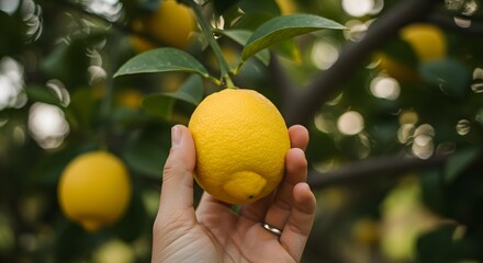 Hand picking lemon from tree