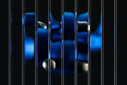 Abstract 3D design with blue fluted glass and metallic reflections