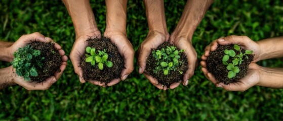 The hands gently holding young plants in rich soil.