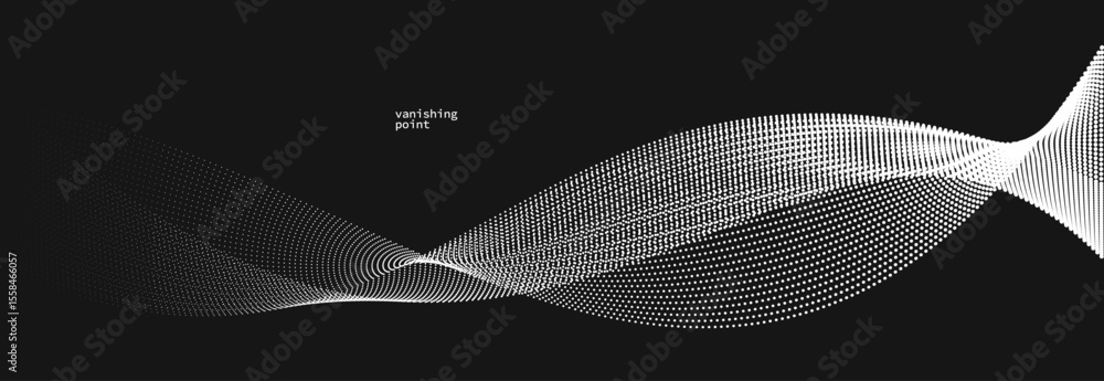 Poster abstract background vector illustration over black, dots in motion by curve lines, particles flow wa