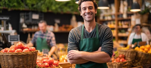 The friendly grocery store worker surrounded by fresh produce and vibrant colors.