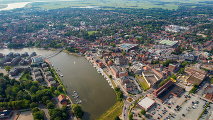 Aerial panorama view of the city Leer in the Germany on a sunny day in summer