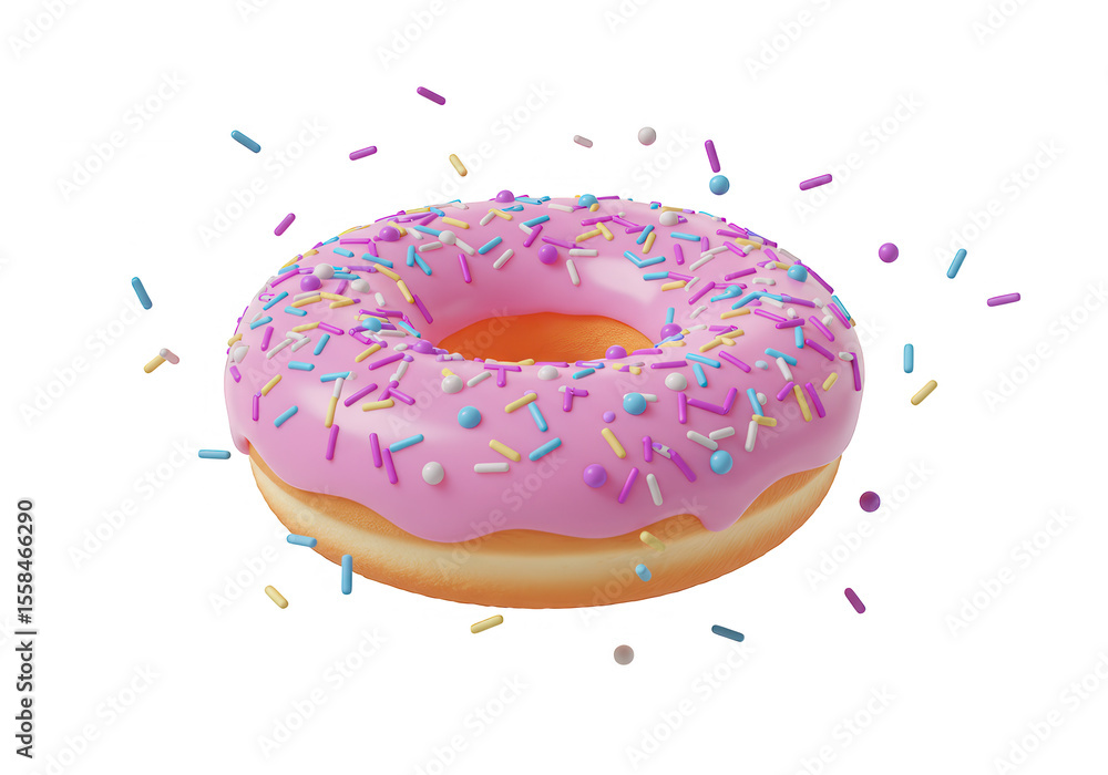 Poster pink frosted donut with colorful sprinkles floating isolated on transparent background