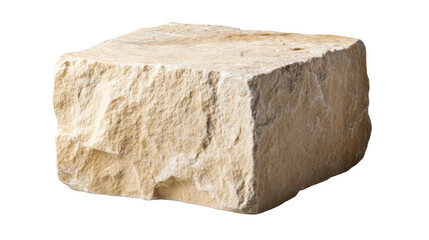 square beige stone block with rough texture on white background