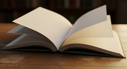 Open Blank Book with Turning Pages on Wooden Table