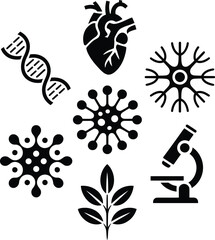 science experiment icon, silhouette healthcare pack, molecular biology vector, black EPS science symbols, anatomy diagram silhouette