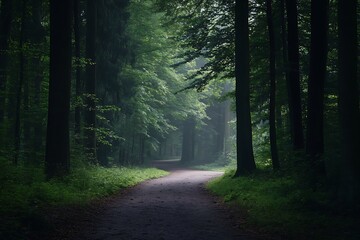 Obraz premium Serene forest path: mystical, moody, green foliage, sunlit trail.