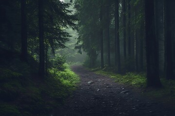 Obraz premium Moody Forest Path: Dark, Misty, Green, Serene, and Mysterious Nature Trail