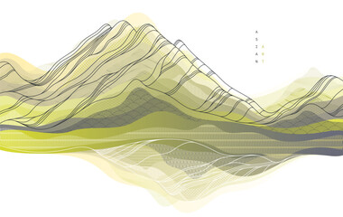 Nature art oriental Japanese style vector abstract background, mountains terrain landscape, scenic abstraction.