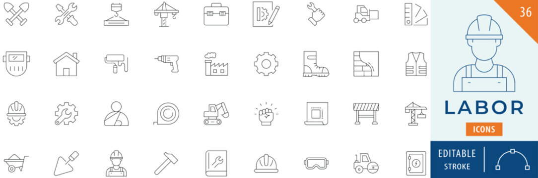 Labor icon collection set. Editable stroke.