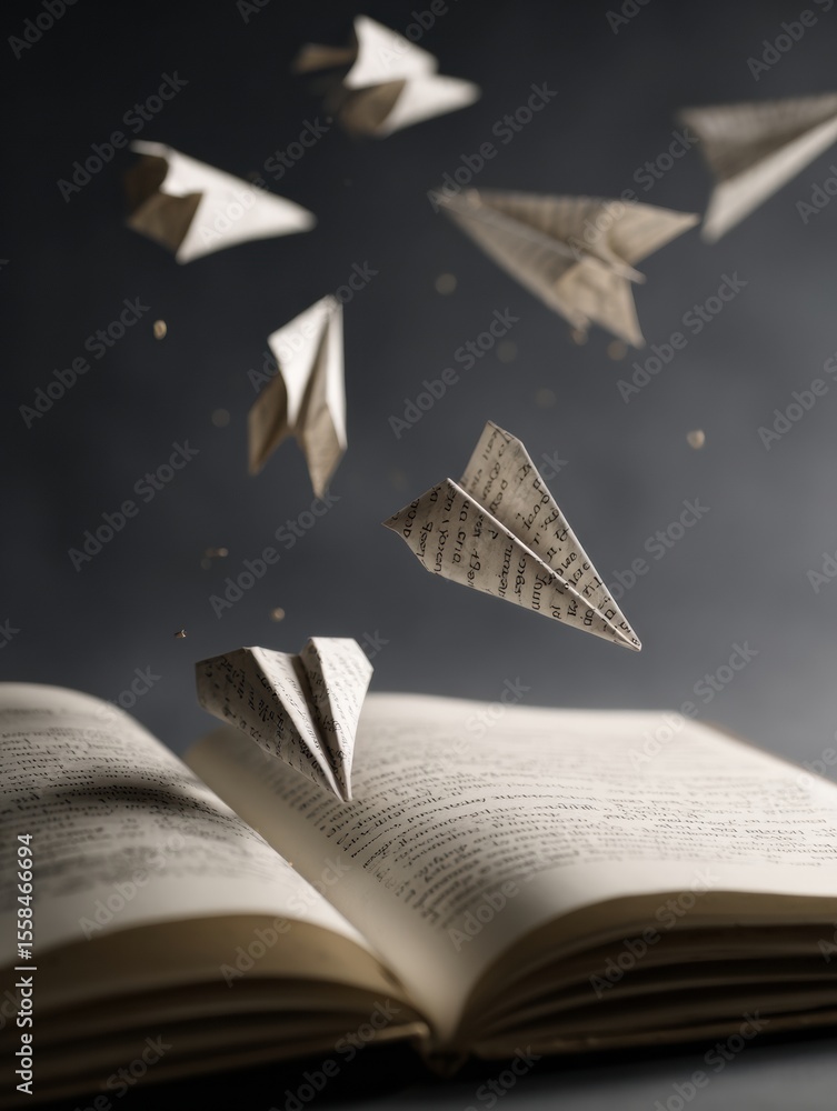 Poster kind words take flight as paper planes soar from an open notebook in a creative expression of though
