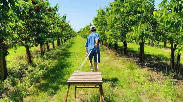 Boy enjoy cherry picking in a sunny orchard while creating cherished memories together