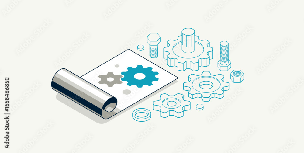 Poster user manual and guideline concept, technics instruction brochure, paper sheet with gears 3d isometri