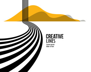 Linear composition vector road to horizon, abstract background with lines in 3D perspective, optical illusion op art, black and yellow colors.