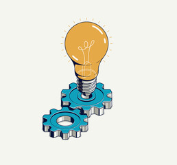 Creative idea concept, light bulb with gear vector 3D isometric icon or illustration, innovation and solution, technology and technics, research and knowledge.
