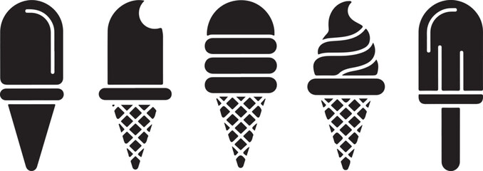 Set of ice cream silhouette icons. Popsicle, soft serve, cone desserts in black on white. Ideal for sweet snack designs and minimal summer visuals.