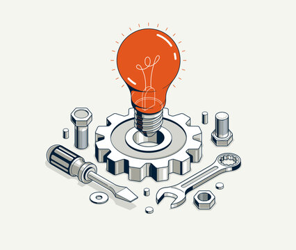 Engineering idea concept, innovation, invention and solution concept, light bulb vector 3D isometric illustration, mechanical engine works.