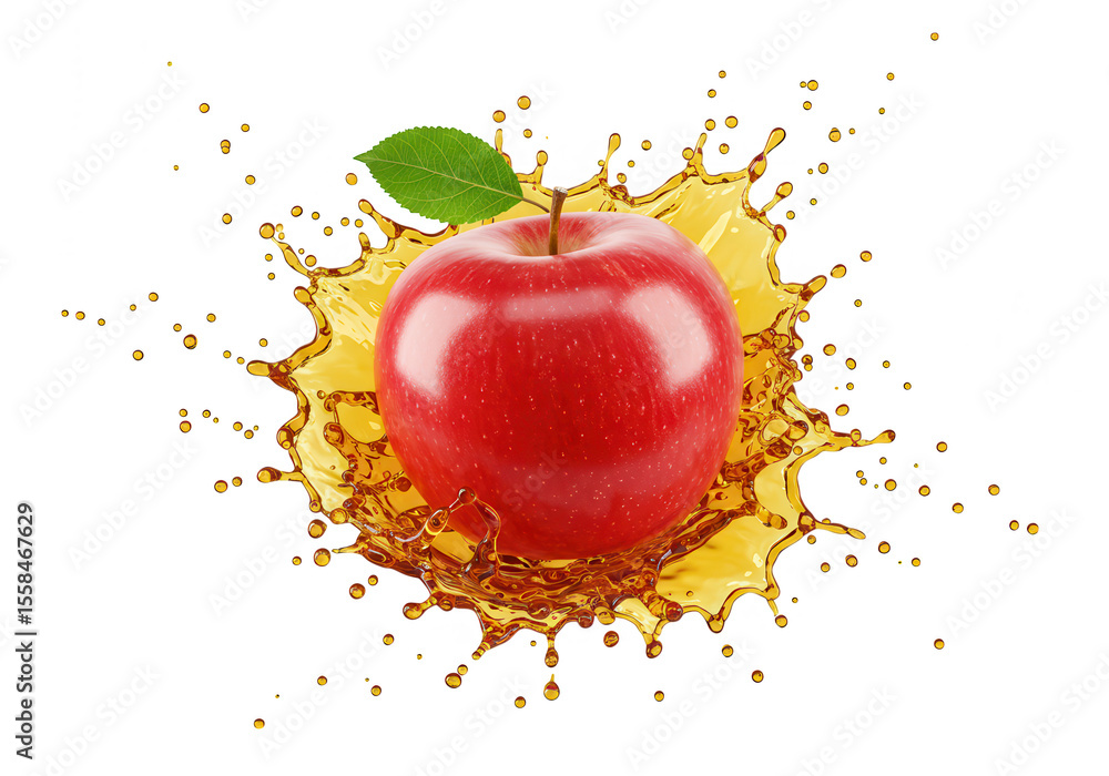Poster red apple splashing into juice isolated on transparent background