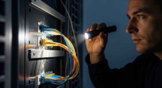 Maintenance technician inspecting and cleaning server connections for optimal data center performance