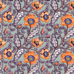 Seamless watercolor pattern. Hand-painted poppy flowers with ornate leaves. Botanical decorative background. Drawing with paints on paper.